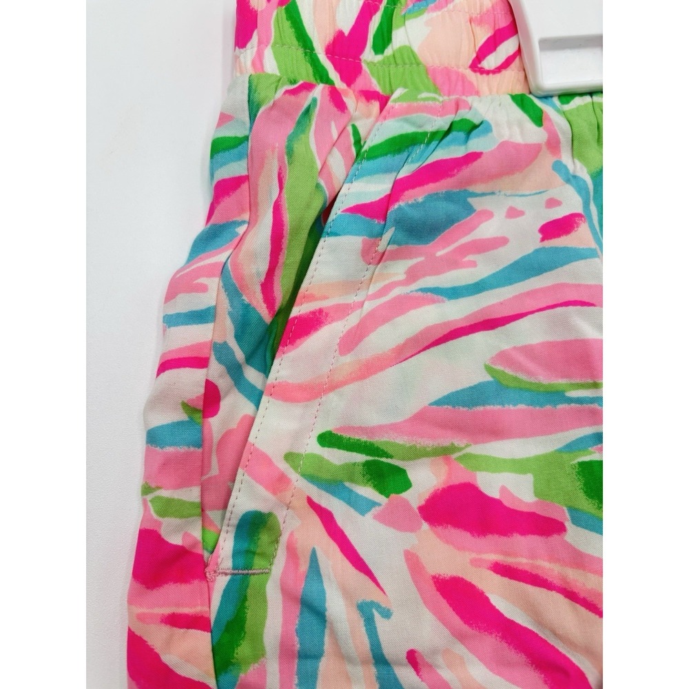 Lilly Pulitzer XL Ruffle Hem Shorts Pink Green Blue Tropical Rayon Pull On - Picture 7 of 10